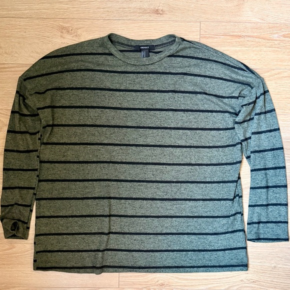 Forever 21 Olive Green Striped long sleeve tee top - Picture 2 of 5